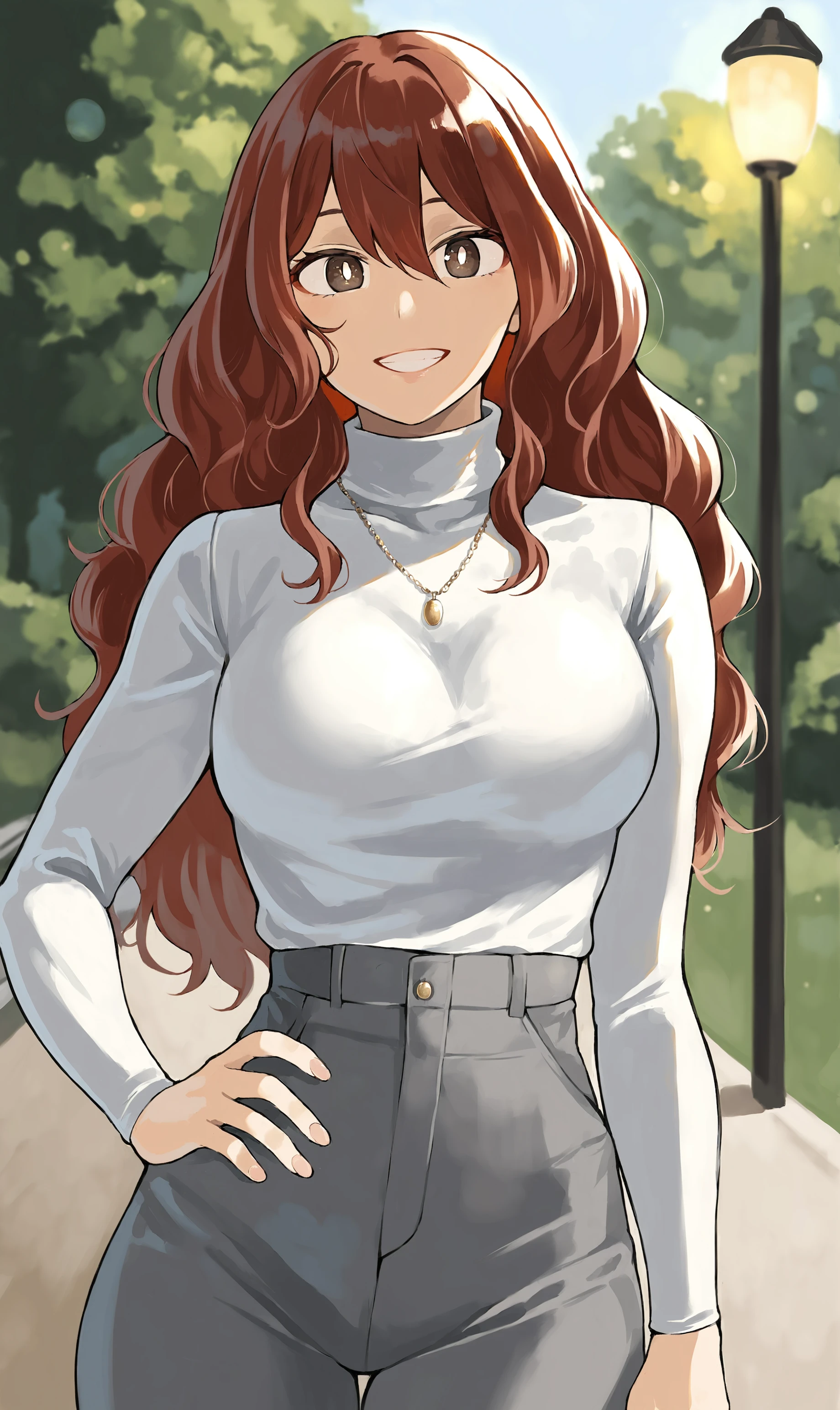 source_anime,score_9_up,score_9, score_8_up, score_7_up,
1girl, red hair, jewelry, long hair, looking at viewer, necklace, grin, solo, closed mouth, brown eyes,front facing,hand on hip,white pupils,wavy hair, bangs, hair between eyes, white turtleneck, long sleeves, grey pants, outdoors, park, trail, lamp post, large breasts,standing, turtleneck,cowboy shot,
,
<lora:FenglingPony:0.8>