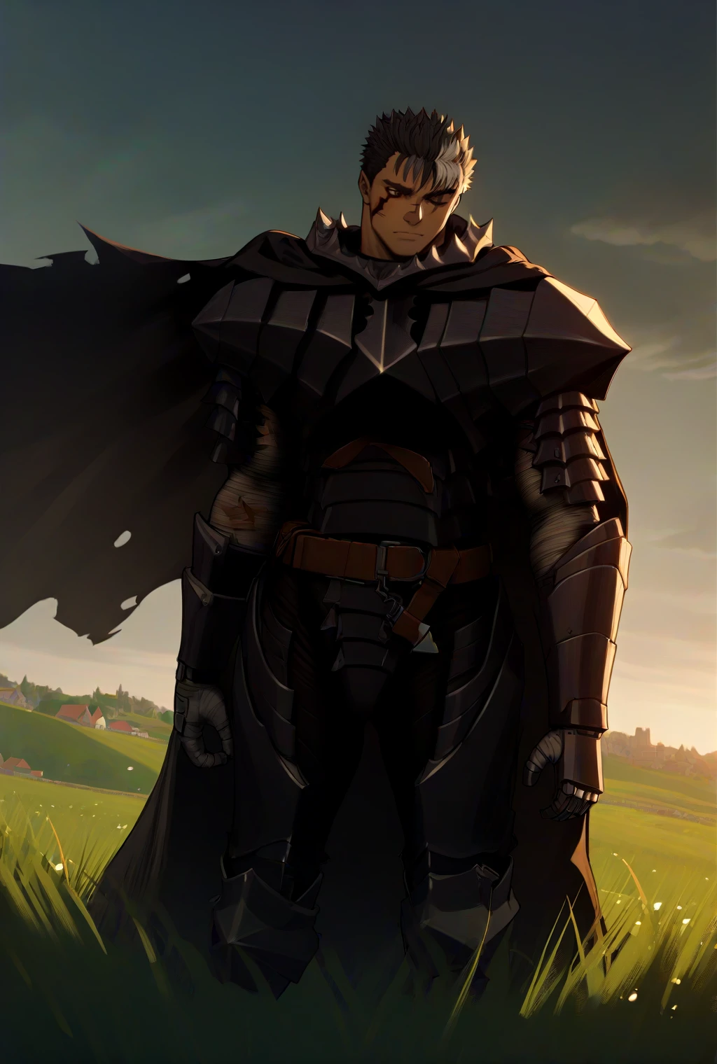 1boy, Guts_Armor, brown eyes, short hair, multicolored hair, spiked hair, scar on nose, black armor, full armor, torn cape,cowboy shot, cinematic angle, medieval, grass, flower field, cloudy sky,  masterpiece, best quality,  <lora:GutsAnimdxlDwnsty:1>, one eye closed, muscular male, huge weapon,