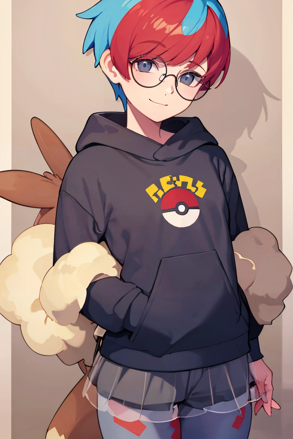 ((masterpiece,best quality)), absurdres,   <lora:Penny_Pokemon:0.8>, Penny_Pokemon,  1girl, multicolored hair, two-tone hair, red hair, blue hair, grey eyes,  round eyewear, black hoodie, short shorts, grey pantyhose,  see-through skirt, backpack,   solo, smiling, looking at viewer,  cowboy shot, contrapposto,   <lora:Bold_CAT:0.5>,