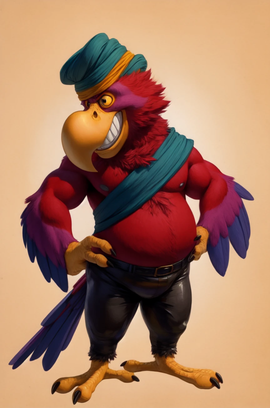 solo, male, iago, scarlet macaw, anthro, avian, yellow sclera, black eyes, eyebrows, head tuft, (red body, red feathers:1.2), winged-arms, wing-hands, tail feathers, full-length portrait, masterpiece, extreme detail, standing, talons, avian feet, leaning, slightly chubby, (turban:1.1), oversized pants, puffy pants, sash, chest tuft, elbow tuft, grin