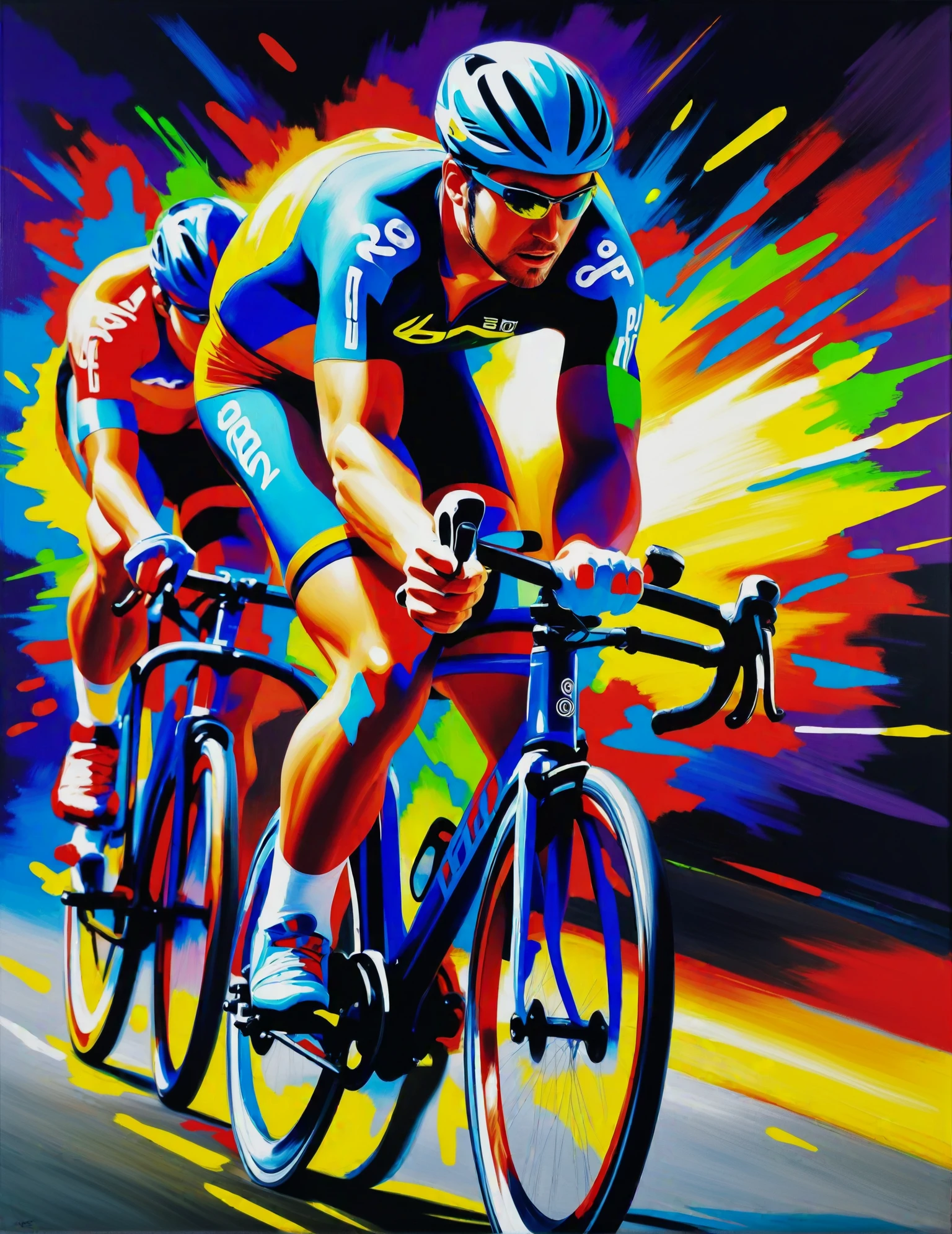 Medium format oil painting, (Thundering cyclists:1.3), Dynamic diagonal composition, Straining muscles, Glistening bicycles, (Blurred scenery:1.2), Panning motion, Concentrated expressions, Rushing adrenaline, Competitive spirit, (Intense speed:1.2), Expertly crafted brushstrokes, Vivid color palette, Detailed textures, <lora:Biolumi XL:1> fbpz style