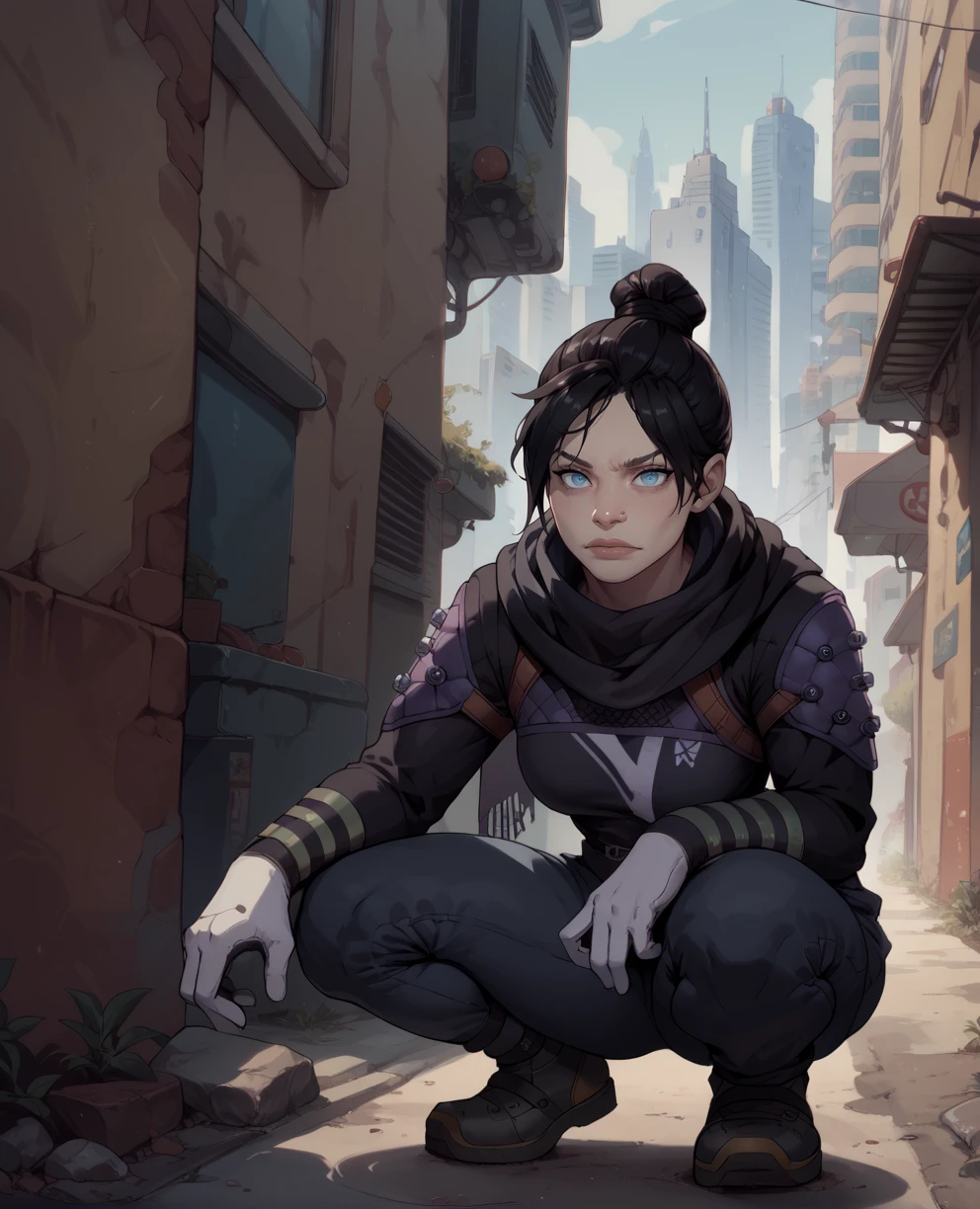 score_9,score_8_up,score_7_up,
wraithxl,black hair,single hair bun,looking at viewer,blue eyes,
scarf,nose piercing,black shirt,long sleeves,white gloves,pants,
squatting,focused,
science fiction,outdoors,cityscape,alley,
<lora:wraith:0.8>,