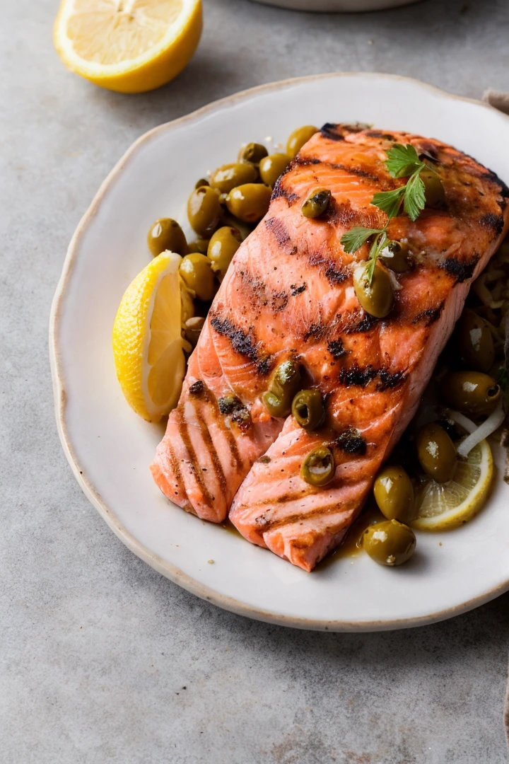 Food photography style,grilled salmon meat, lemon, olives, sauce,,fine textures,high quality textures of materials, volumetric textures, natural textures, (natural colors, correct white balance, color correction, dehaze,clarity),RAW,vivid colours,intricate,photo shadows,photographic