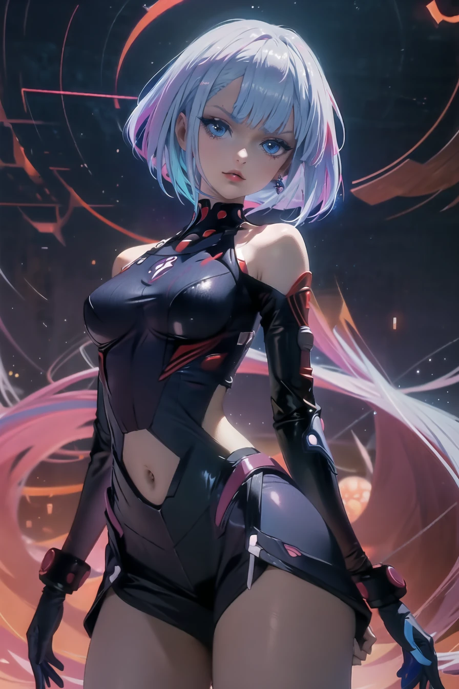 (masterpiece),best quality,1girl,cowboy_shot,medium_shot,thighs,looking at viewer,Look directly,,<lora:cyberpunklucytest:0.5>,lucy,short hair,bangs,blue eyes,blue hair,multicolored hair,makeup,multicolored eyes,
