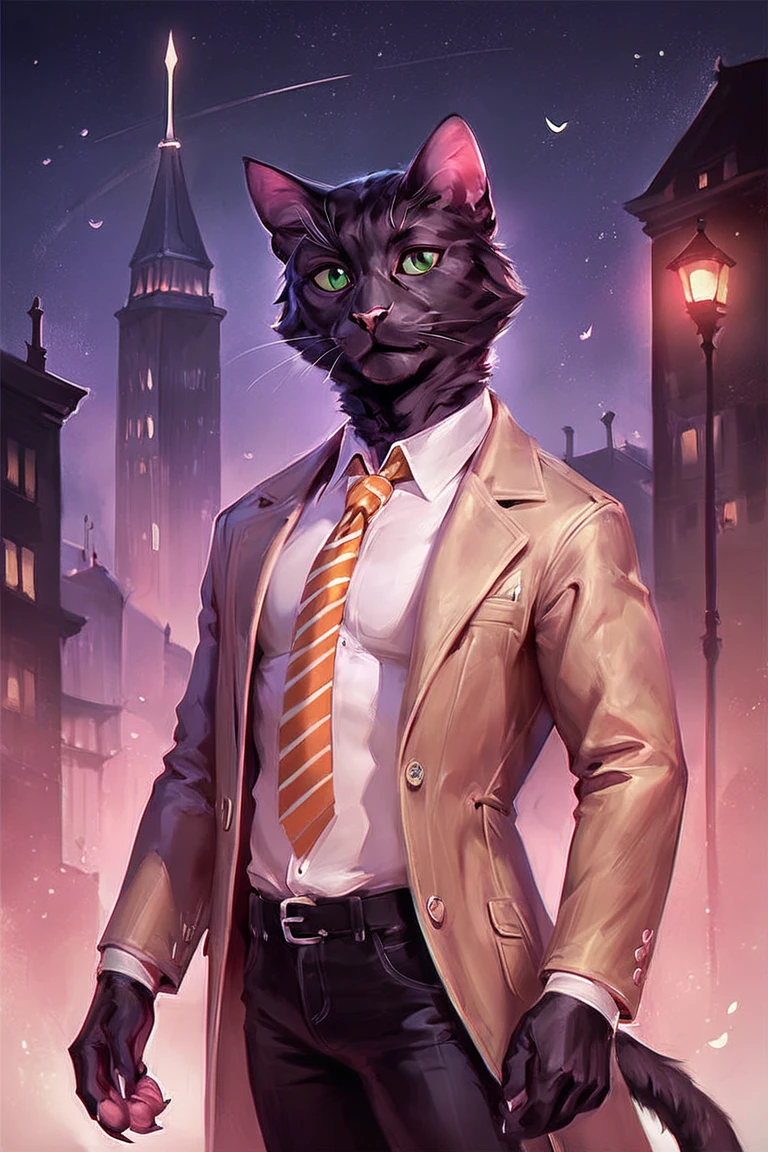 score_9, score_8_up, score_7_up, rating_safe, source_furry, pinkdreamsstyle, concept art, digital art, realistic, anthro, furry, black cat, cat, black fur, green eyes, white collared shirt, long sleeves, striped necktie, orange necktie, beige coat, black pants, muscular, 1boy, solo, male focus, mature male, looking at viewer, cowboy shot, standing, outdoors, city, building, night, night sky, dark background <lora:Pink Dreams Style LoRA_Pony XL v6:0.7>
