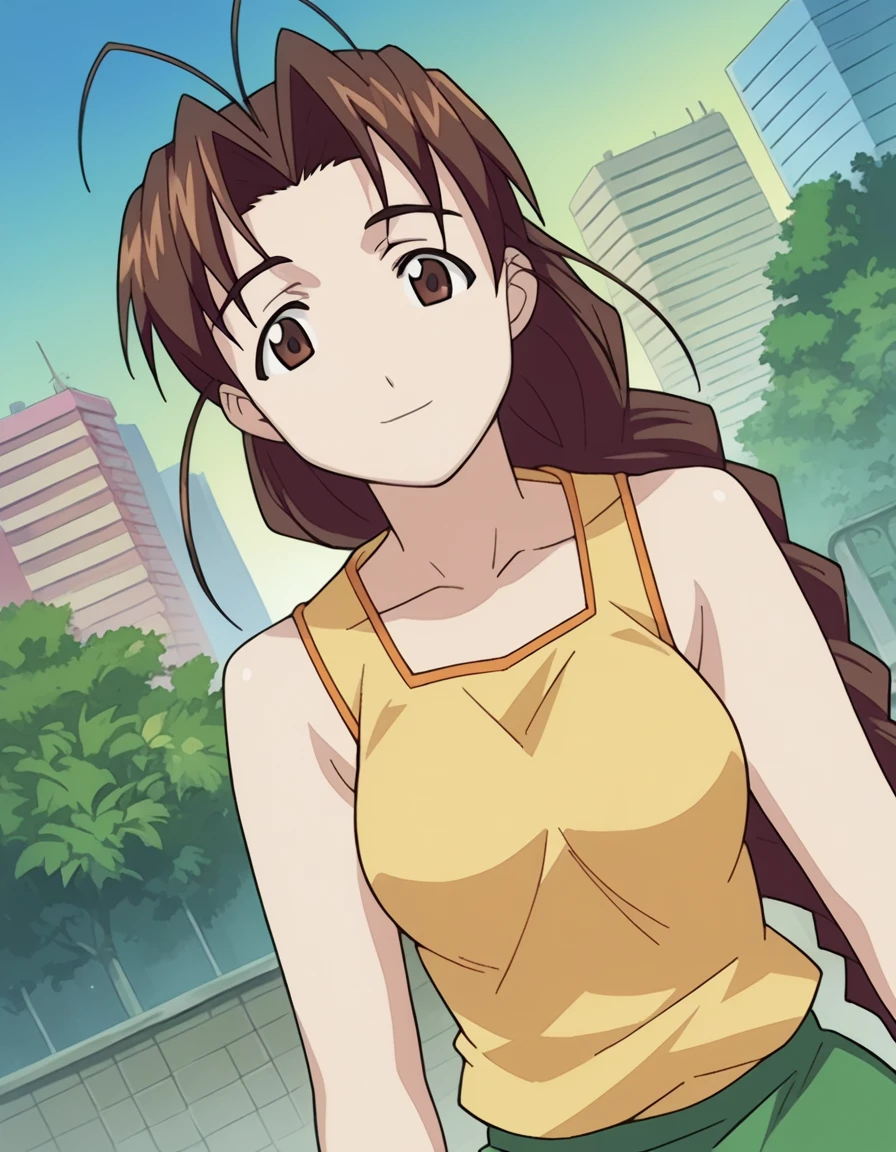 score_9, score_8_up, score_7_up, source_anime,
mutsumiotohime, <lora:mutsumi-otohime-ponyxl-lora-nochekaiser:1>,
mutsumi otohime, long hair, brown hair, brown eyes, antenna hair, braid, single braid, braided ponytail, smile,
green skirt, shirt, sleeveless, collarbone, bare arms, yellow shirt,
outdoors, cityscape,
looking at viewer, dutch angle, cowboy shot,
