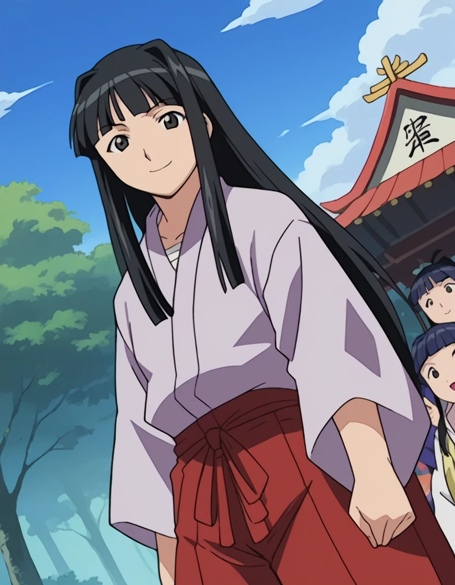 score_9, score_8_up, score_7_up, source_anime,
motokoaoyama, <lora:motoko-aoyama-ponyxl-lora-nochekaiser:1>,
motoko aoyama, long hair, black hair, black eyes, bangs, smile,
skirt, japanese clothes, hakama, hakama skirt, miko, red hakama,
outdoors, shrine,
looking at viewer, dutch angle, cowboy shot,