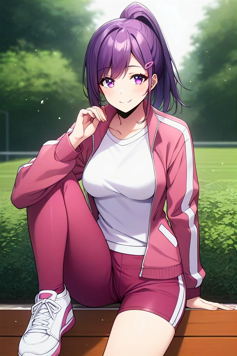 score_9, score_8_up, score_7_up, score_6_up, score_5_up, score_4_up, rating_questionable, , source_anime, digital illustration, pixiv, fanbox, uncensored, , BREAK, official art,
1girl, solo, female,  sung jinah, purple eyes, purple hair, ponytail, sidelocks, medium breasts,
outfit_2, pink track jacket partially unzipped, white shirt, long sleeves, gym shorts, leggings, legwear under shorts, sneakers, hairclip,,  light smile,  outdoors, blush, cowboy shot, looking at viewer,   <lora:Sung_Jinah-10:0.9>