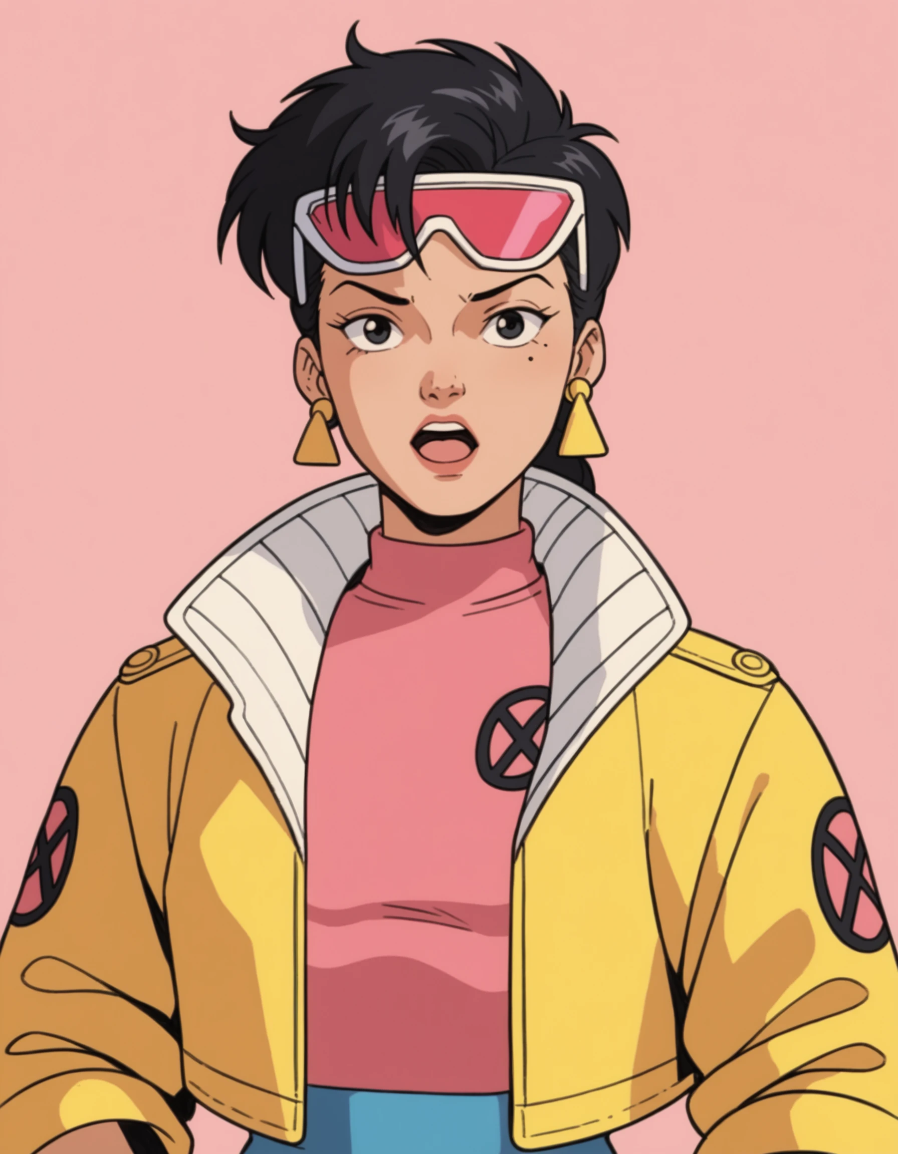 score_9, score_8_up, score_7_up, score_6_up, score_5_up, score_4_up, Marvel Cel-Shade Style, 1girl, black eyes, black hair, asian, earrings, eyewear on head, gloves, headband, jacket, jewelry, open mouth, retro artstyle, pink shirt, solo, pink sunglasses, yellow jacket , <lora:xmen_celshadePonyXL:0.8>