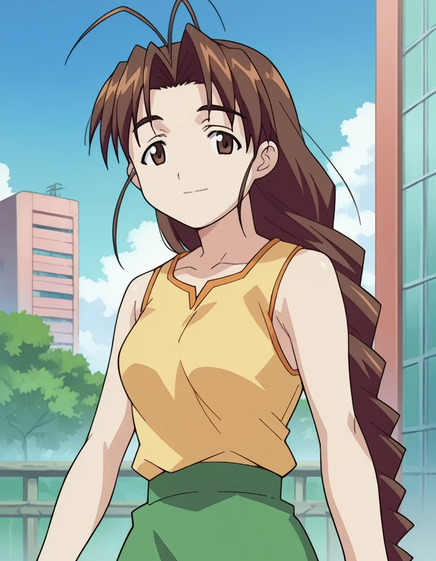 score_9, score_8_up, score_7_up, source_anime,
mutsumiotohime, <lora:mutsumi-otohime-ponyxl-lora-nochekaiser:1>,
mutsumi otohime, long hair, brown hair, brown eyes, antenna hair, braid, single braid, braided ponytail, smile,
green skirt, shirt, sleeveless, collarbone, bare arms, yellow shirt,
outdoors, cityscape,
looking at viewer, dutch angle, cowboy shot,
