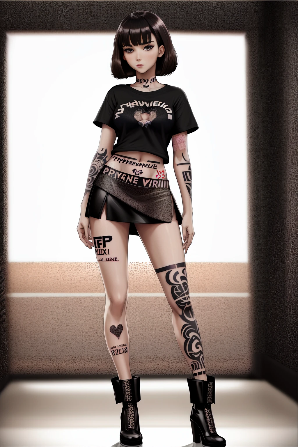 <lora:PepperWorld:1.0> (PepperWorld:0.9) 1woman is a sexy model, (brunette:1.3) (t-shirt and skirt:1.3) (full body tattoo:1.3)