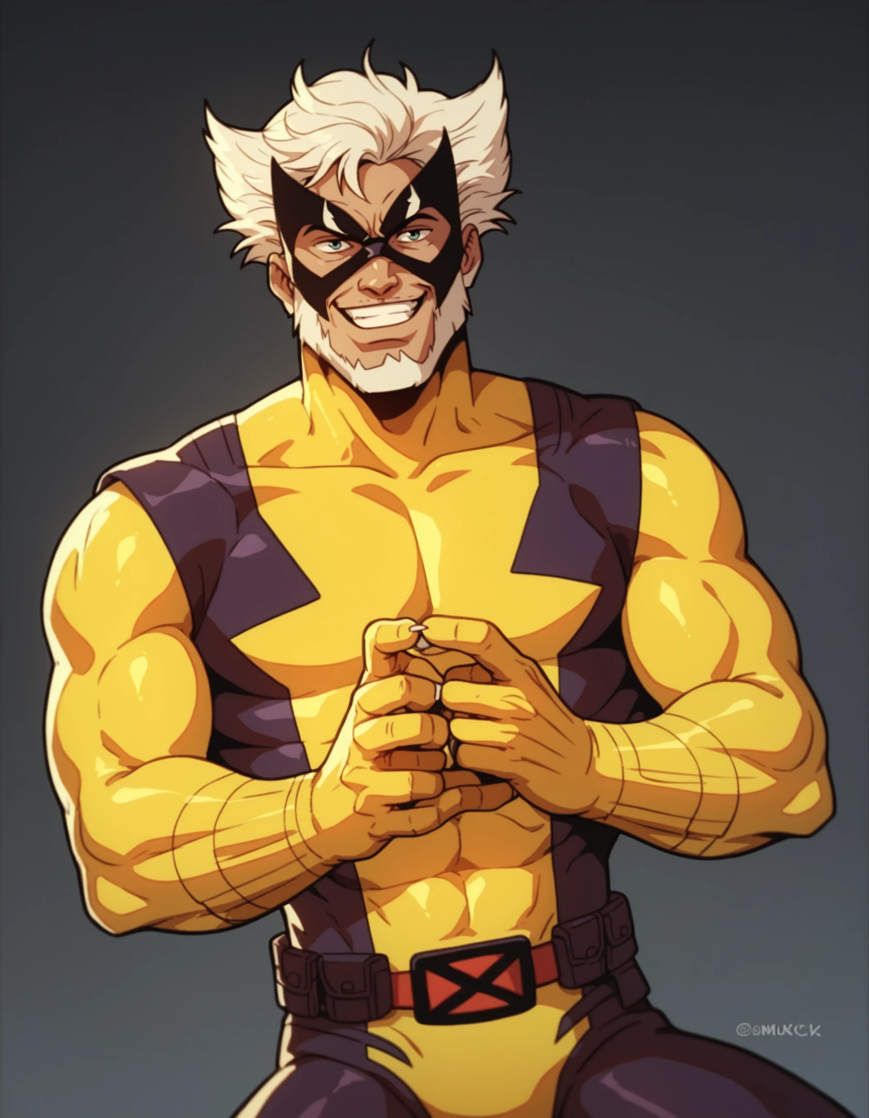 score_9, score_8_up, score_7_up, score_6_up, score_5_up, score_4_up, Marvel Cel-Shade Style, 1boy, bodysuit, male focus, mask, smile, solo, yellow bodysuit, Wolverine, <lora:xmen_celshadePonyXL:0.8>