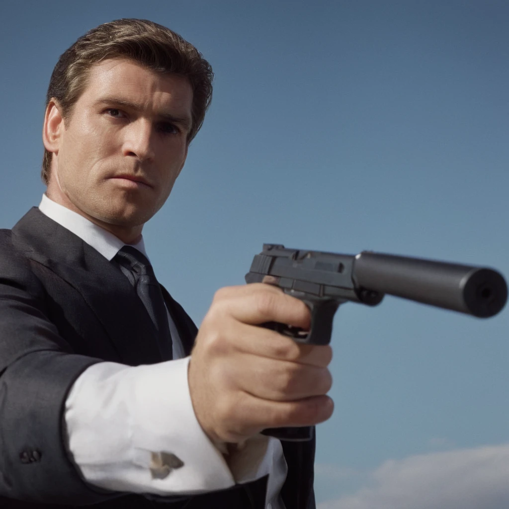 cinematic film still of  <lora:Silencer Suppressor:1>
Silencer Suppressor a man with a gun pointed at his head with a man in a suit holding a gun.,solo,short hair,shirt,1boy,holding,jacket,white shirt,weapon,male focus,necktie,collared shirt,holding weapon,blurry,gun,blurry background,portrait,holding gun,handgun,realistic,revolver,gun to head , hand pistol, shallow depth of field, vignette, highly detailed, high budget, bokeh, cinemascope, moody, epic, gorgeous, film grain, grainy