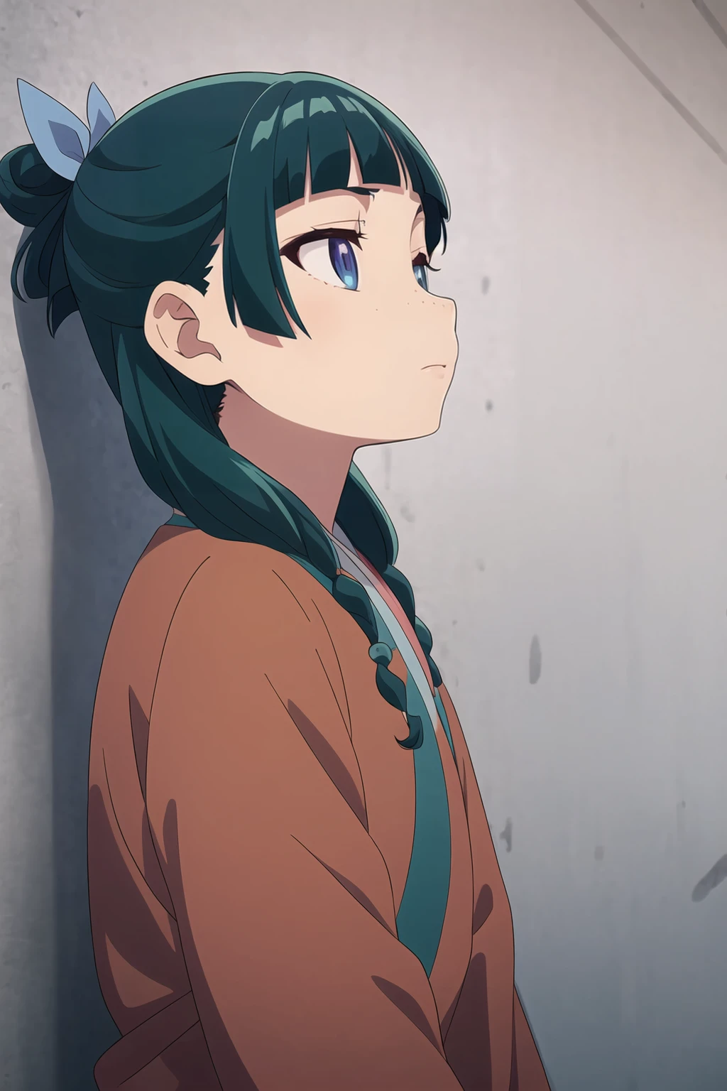 Maomao, **yo, anime girl with blue hair and a ponytail stares at a wall, 1girl, solo, long hair, bangs, blue eyes, black hair, hair ornament, braid, green hair, blunt bangs, freckles, hair beads,  <lora:The_Apothecary_Diaries_-_Maomao_Xiao_Mao:0.8>