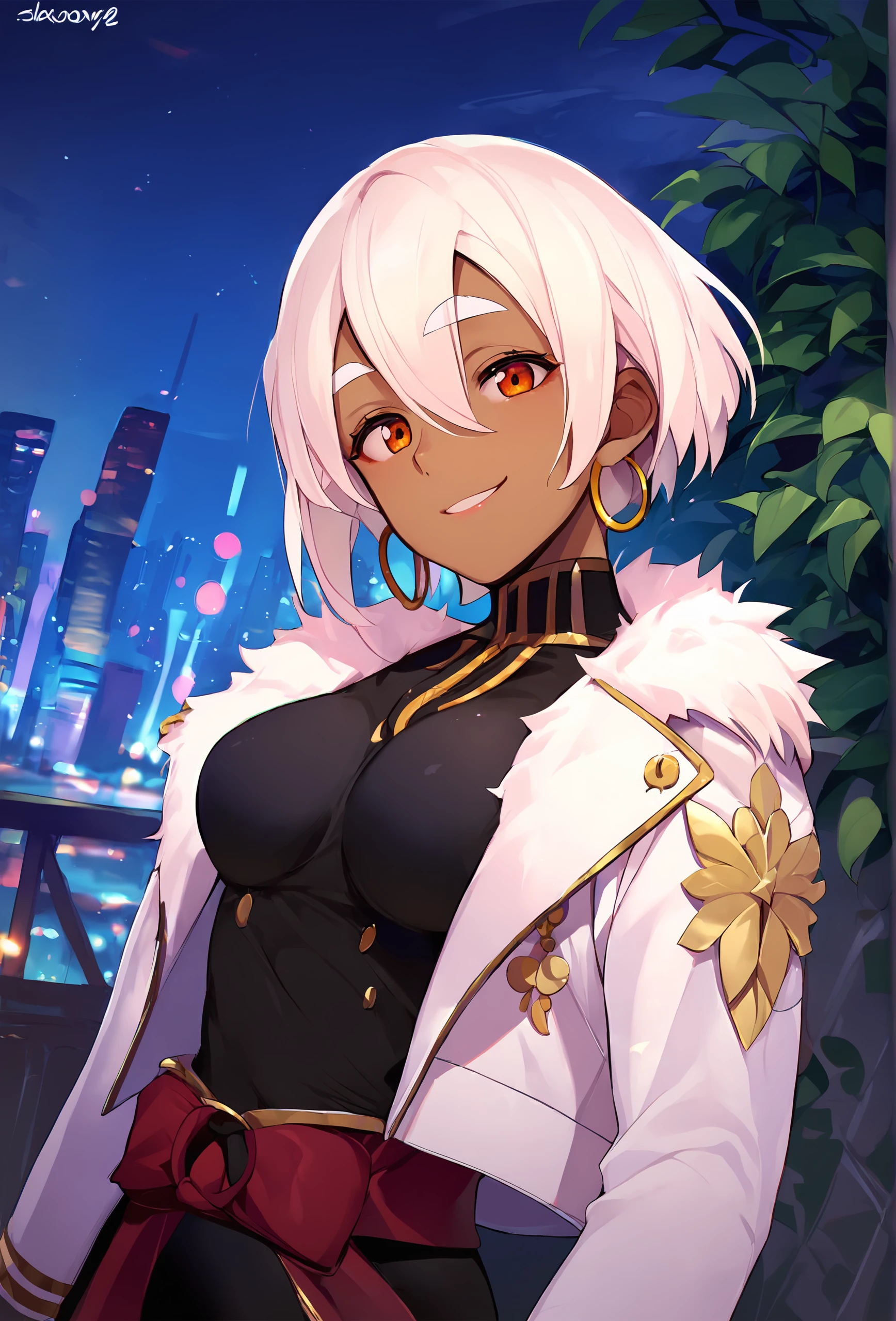 score_9, score_8_up, score_7_up, score_6_up, score_5_up, score_4_up, outdoors, plant, city lights, night BREAK
<lora:rezodwel_style_ponyXL_v1_resized:1> rezodwelstyle, 1girl, solo, white hair, short hair, sidelocks, inverted bob, hair between eyes, orange eyes, thick eyebrows, white eyebrows, gold earrings, hoop earrings, black shirt, white jacket, fur trimed, dark-skinned female, gold trim, smile, medium breasts, dutch angle