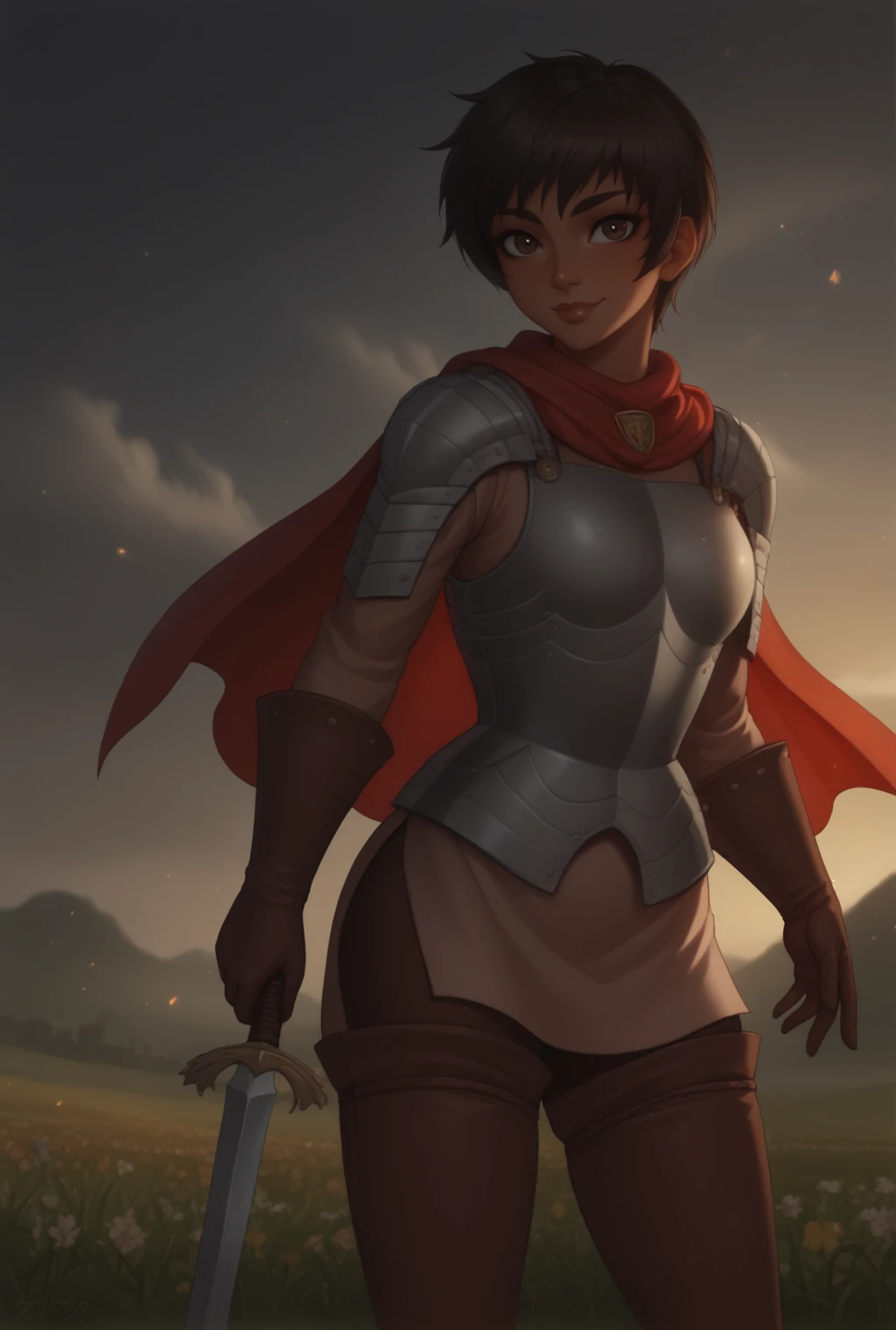 score_9, score_8_up, score_7_up, source_anime BREAK, solo, looking at viewer, cowboy shot, medieval, grass, flower field, cloudy sky, official wallpaper, light particles, fog, cinematic lightning,
<lora:CascaPdxlDwnsty:1> Casca_Def, brown hair, short hair, thigh boots, gloves, boots, cape, thighhighs, dark-skinned female, breastplate, skirt, lips, red scarf, brown footwear, shoulder armor, Csword,
large breasts, smile,