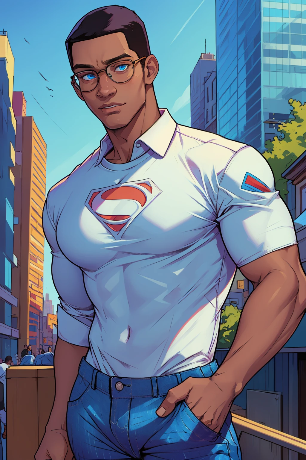masterpiece, best quality, valzod, 1boy, solo, blue eyes, glasses, (wearing shirt and pants:1.5), close up, city background <lora:valzod-000001:1>