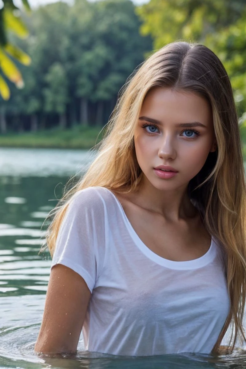 portrait of S357_PolinaMalinovskaya,a beautiful woman,in a (lake:1.1),wearing a (wet-t-shirt:1.1),(wet-hair),(4k, RAW photo, best quality, 24mm, depth of field, ultra high res:1.1),(absurdres, intricate, photorealistic, cinematic-shot, masterpiece, ultra-detailed:1.1),