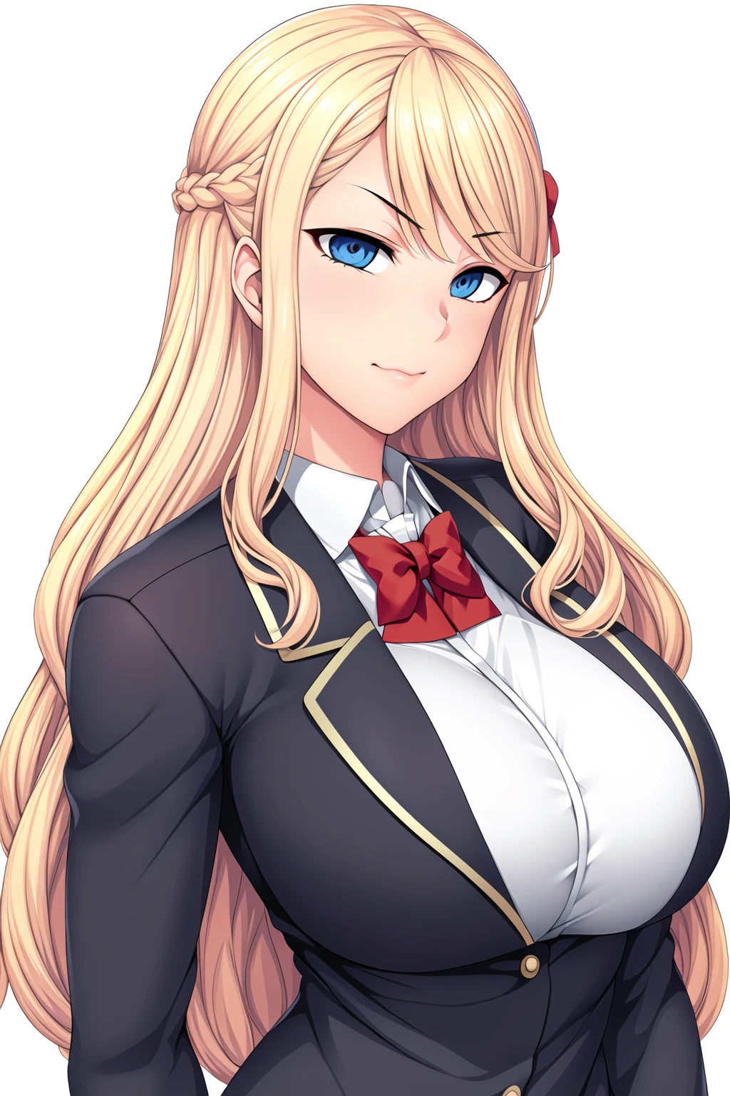 Simple White Background,
dynamic pose,standing at attention,
school_uniform,Blue_jacket,red_bowtie, pleated_skirt,thighhighs,black legwear,long sleeves, 
<lora:SaiminSeishidou_Lesson_Style-KK77-V1:0.7>,
Blue eyes, blonde hair,bangs,Long hair,braid, hair ornament, 
<lora:Oda_Non_Style-KK77-V2:0.3>,<lora:more_details:0.1>,
1 girl, 20yo,Young female,Beautiful long legs,Beautiful body,
Beautiful Nose,Beautiful character design, perfect eyes, perfect face,expressive eyes,perfect balance,
looking at viewer,(Focus on her face),closed mouth, (innocent_big_eyes:1.0),(Light_Smile:0.3),
official art,extremely detailed CG unity 8k wallpaper, perfect lighting,Colorful, Bright_Front_face_Lighting,White skin,
(masterpiece:1.0),(best_quality:1.0), ultra high res,4K,ultra-detailed,
photography, 8K, HDR, highres, absurdres:1.2, Kodak portra 400, film grain, blurry background, bokeh:1.2, lens flare, (vibrant_color:1.2),professional photograph,
(Beautiful,large_Breasts:1.4), (beautiful_face:1.5),(narrow_waist),