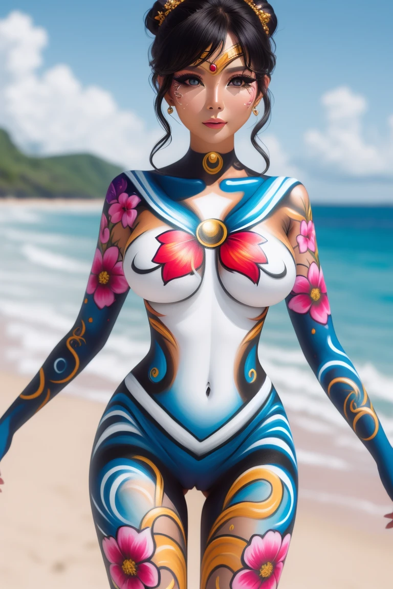 1girl, se-body-painting, body-painting, beach, black hair, blue eyes, (((breasts physics, natural body physics, ultra beautiful female body shape))), bright, looking at viewer, dynamic pose <lora:se-body-painting:1>