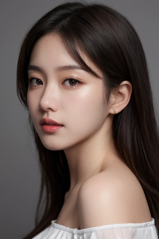 masterpiece, best quality, ultra-detailed, ultra high res, (photorealistic:1.4), raw photo, (realistic:0.2), 8k HDR, realistic lighting, 1girl, korean, solo, looking at viewer, asymmetrical hair, (detailed oily skin), black eyes, (detailed face), (simple gray background :1.1), simple dress, sleeveless, off shoulder, (korean style clothes)