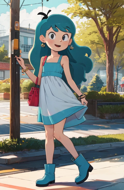 masterpiece, high quality, <lora:Hilda-Netflix_SD1-5 V1:1> Hilda, long hair, blue hair, smile, dress, sundress, bag, bracelet,blue boots, full body, flat chest, walkside, outdoors