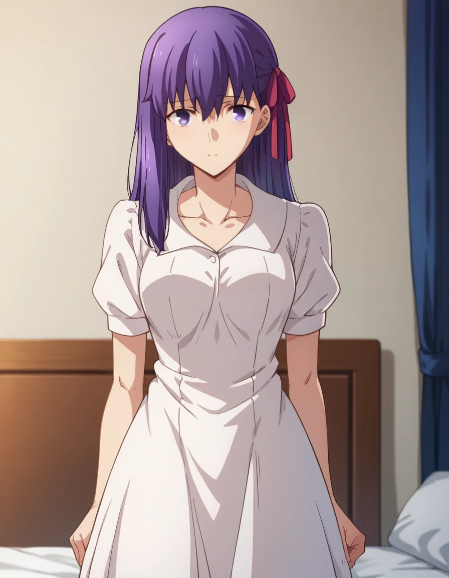 score_9, score_8_up, score_7_up, source_anime,
sakuramatou, <lora:sakura-matou-hf-ponyxl-lora-nochekaiser:1>,
sakura matou, long hair, purple eyes, purple hair, ribbon, hair ribbon, red ribbon,
dress, ribbon, collarbone, short sleeves, white dress, official alternate costume, black ribbon, collared dress,
indoors, bed, bed room,
looking at viewer, dutch angle, cowboy shot,