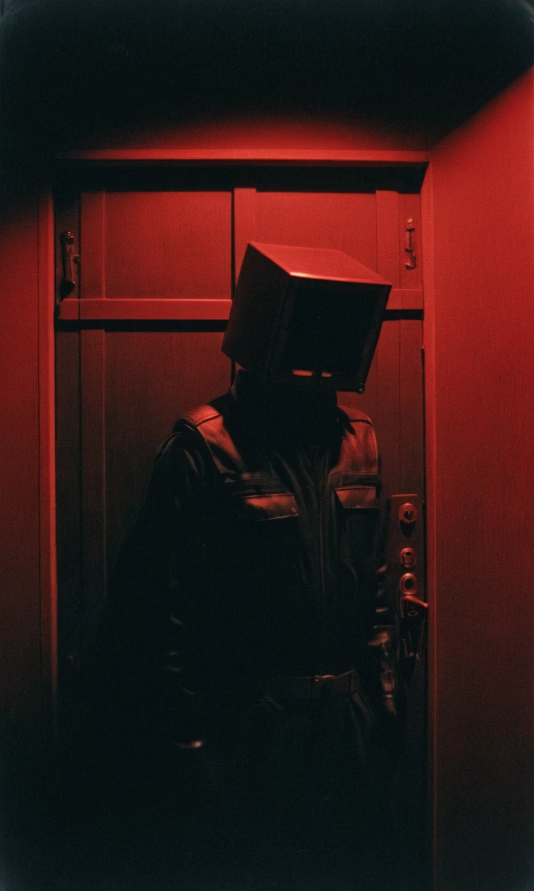 analog film photo man, door, dark, box head, huleebstyle, helmet, dark, monochrome, red light, simple, <lora:HuleebStyle_v1:0.85> . faded film, desaturated, 35mm photo, grainy, vignette, vintage, Kodachrome, Lomography, stained, highly detailed, found footage
