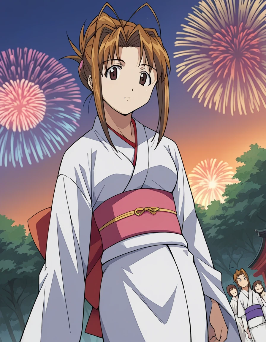 score_9, score_8_up, score_7_up, source_anime,
narunarusegawa, <lora:naru-narusegawa-ponyxl-lora-nochekaiser:1>,
naru narusegawa, long hair, brown hair, antenna hair, brown eyes,
ponytail, japanese clothes, kimono, sash, obi, yukata, white kimono, folded ponytail,
outdoors, shrine, festival, fireworks,
looking at viewer, dutch angle, cowboy shot,