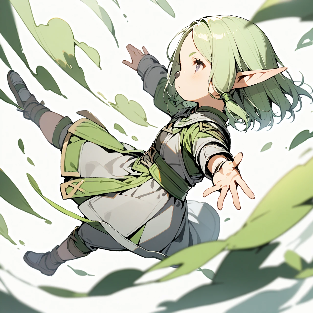 1girl,solo,elf,(black nose:0.9),green hair,
full body,outstretched arm,
grey clothing,
from side,
White Background,
<lora:TRTRMIXXLAM31v2:0.9>
