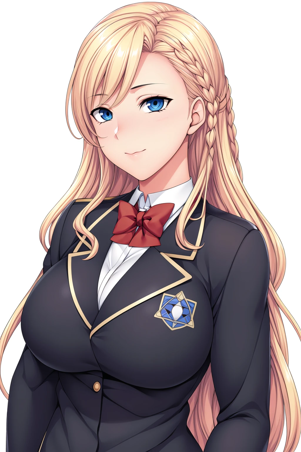 Simple White Background,
dynamic pose,standing at attention,
school_uniform,Blue_jacket,red_bowtie, pleated_skirt,thighhighs,black legwear,long sleeves, 
<lora:SaiminSeishidou_Lesson_Style-KK77-V1:0.7>,
Blue eyes, blonde hair,bangs,Long hair,braid, hair ornament, 
<lora:Oda_Non_Style-KK77-V2:0.3>,<lora:more_details:0.1>,
1 girl, 20yo,Young female,Beautiful long legs,Beautiful body,
Beautiful Nose,Beautiful character design, perfect eyes, perfect face,expressive eyes,perfect balance,
looking at viewer,(Focus on her face),closed mouth, (innocent_big_eyes:1.0),(Light_Smile:0.3),
official art,extremely detailed CG unity 8k wallpaper, perfect lighting,Colorful, Bright_Front_face_Lighting,White skin,
(masterpiece:1.0),(best_quality:1.0), ultra high res,4K,ultra-detailed,
photography, 8K, HDR, highres, absurdres:1.2, Kodak portra 400, film grain, blurry background, bokeh:1.2, lens flare, (vibrant_color:1.2),professional photograph,
(Beautiful,large_Breasts:1.4), (beautiful_face:1.5),(narrow_waist),