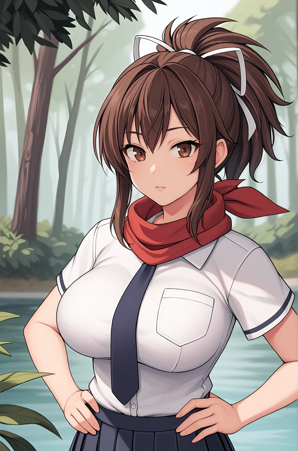 anime artwork score_9, score_8_up, score_7_up, score_6_up, score_5_up, score_4_up, source_anime, BREAK, thick outline, fat outline,
Asuka_XL, brown eyes, brown hair, ponytail, white ribbon, red scarf, large breasts, BREAK, asuka_school_clothes, skirt, white shirt, pleated skirt, necktie, short sleeves, BREAK, forest, hands on waist,
<lora:Asuka_XL:0.7>
<lora:PersonalAmi_PonyXL:1.0>