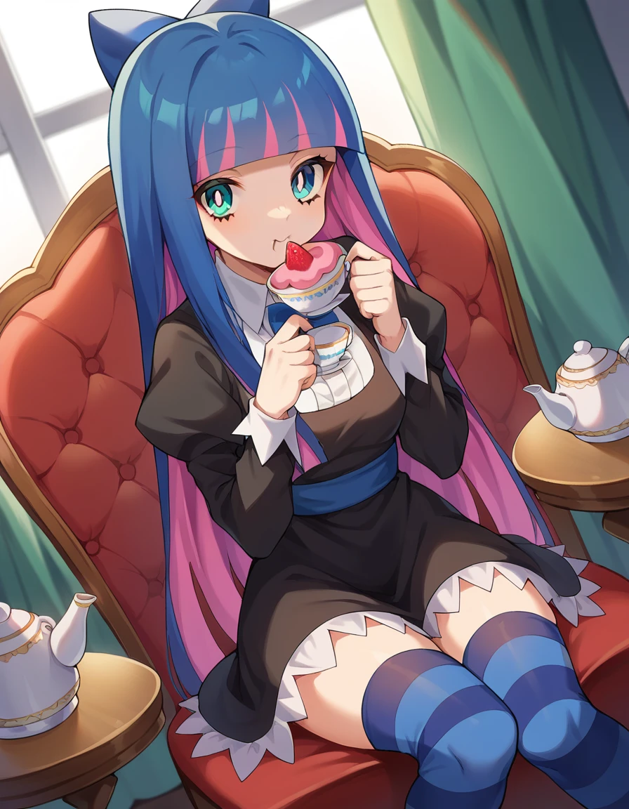 score_9, score_8_up, score_7_up, source_anime,
psgstocking, <lora:stocking-anarchy-ponyxl-lora-nochekaiser:1>,
psg stocking, blue eyes, blue hair, colored inner hair, hair bow, long hair, multicolored hair, pink hair, two-tone hair, bangs, blunt bangs,
striped, striped thighhighs, thighhighs, dress, black dress, puffy sleeves, long sleeves, skirt, shirt, collared shirt, white shirt,
indoors, table, sitting, chair, teacup, teapot, strawberry shortcake, eating, food,
looking at viewer, cowboy shot, dutch angle,
