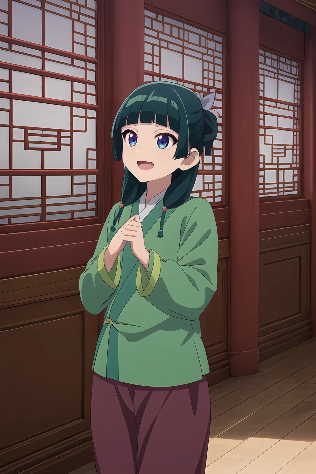 Maomao, yo, anime character in green shirt standing in a room with windows, 1girl, solo, long hair, smile, open mouth, bangs, blue eyes, long sleeves, ribbon, hair ribbon, green hair, indoors, blunt bangs, chinese clothes, architecture, lattice, <lora:The_Apothecary_Diaries_-_Maomao_Xiao_Mao:0.8>