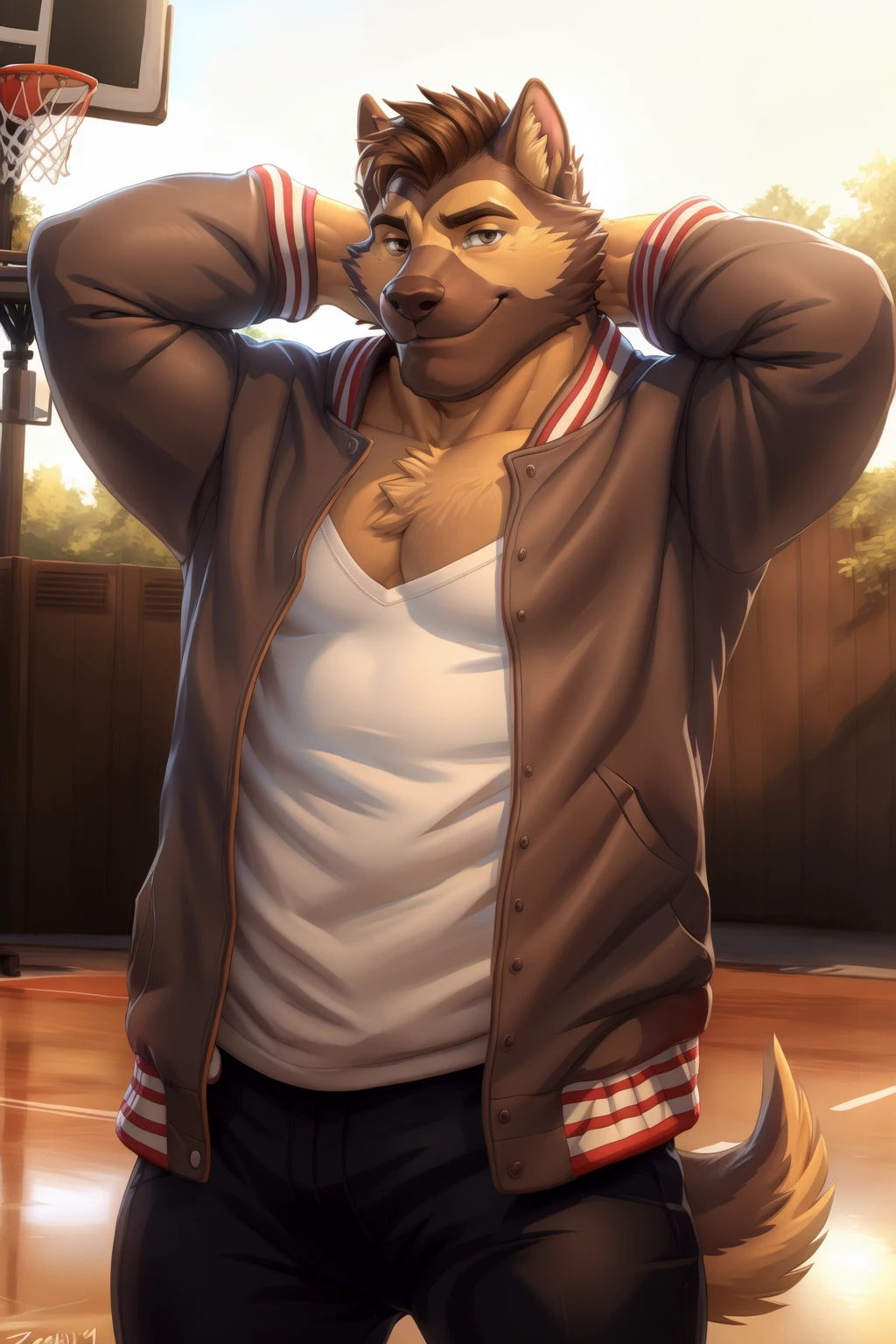 <lora:gil-05:0.9>, coachgil, muscular, brown eyes, brown fur, (posing:1.3), (soft shading), 4k, hi res, ((detailed face, detailed)), by zackarry911, by zaush, (by personalami:0.5), looking at viewer, smile, jacket, male focus, thighs, open clothes, pants, open jacket, thick thighs, grey shirt, red jacket, bulge, letterman jacket, basketball court, basketball, (hands behind head:1.3),