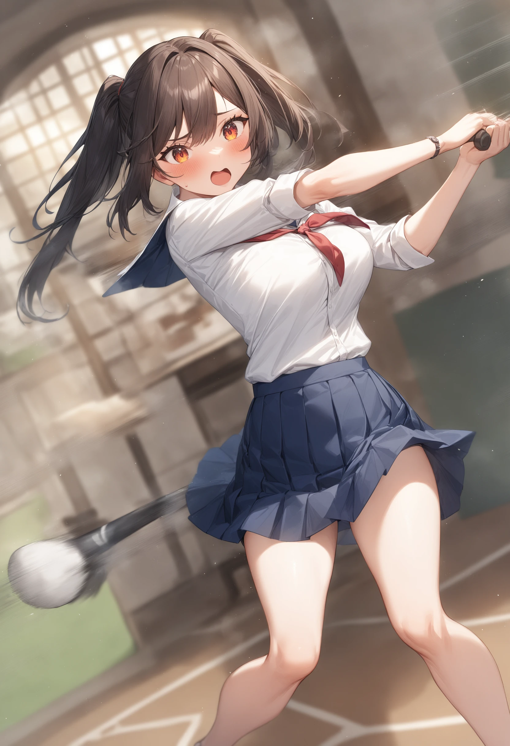 1girl, <lora:sdxl2-flat2-512b:-1>,medium breasts,school uniform,
<lora:battingstance_XL_v1:1>,batting stance, baseball bat,  speed lines, motion blur, motion lines,
from above, feet out of frame, looking ahead, naughty, japanese arch, open mouth,
masterpiece, best quality, very aesthetic, absurdres