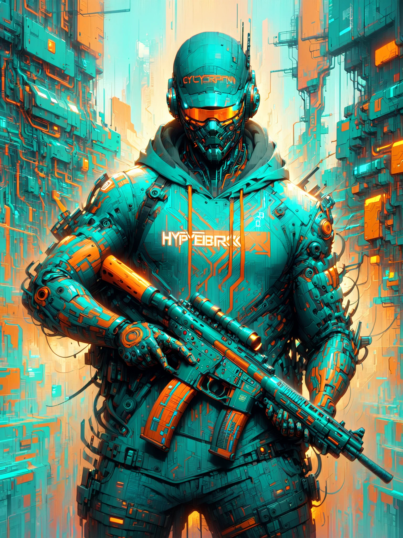 man holding gun, dynamic pose, mad-cybrpnkimprss, teal and orange, cyberpunk, impressionism, (masterpiece:1.2), best quality, (hyperdetailed, highest detailed:1.2), high resolution textures