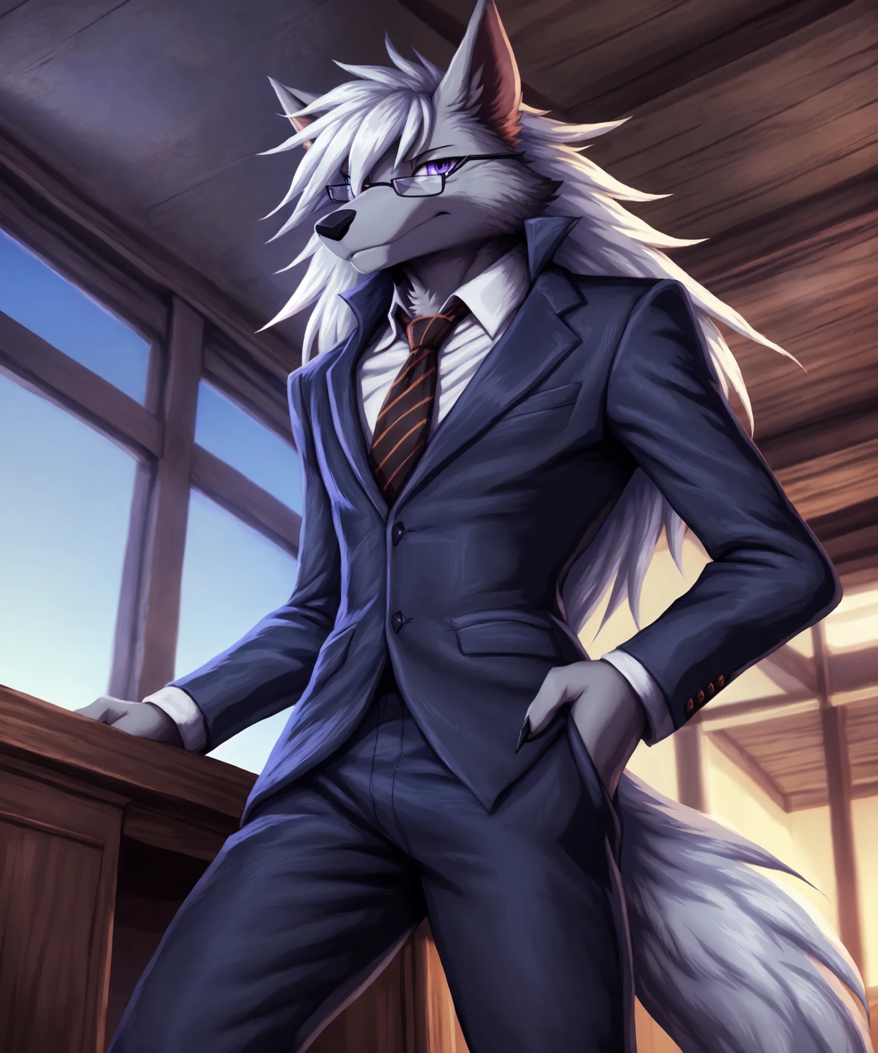 w0lfrun,standing, long hair,low angle view, clothing, full body, depth of field, looking at viewer, sharp eyes, unimpressed, symmetrical,black business suit, black slacks, eyewear, glasses, necktie, male, solo,anthro,wolf,violet eyes, 4k, hi res, ultra realism shading, specular lighting, volumetric, dimly lit, low light, indoors, office, detailed background, realistic, photorealistic, photorealism, by lynncore,by personalami, rembrandt, by essence of rapture, by xnirox, by tenebscuro, by nurinaki, by falcrus, by zackary911,by inumania,by blotch, by null-ghost, <lora:w0lfrun_YMv10:0.8>