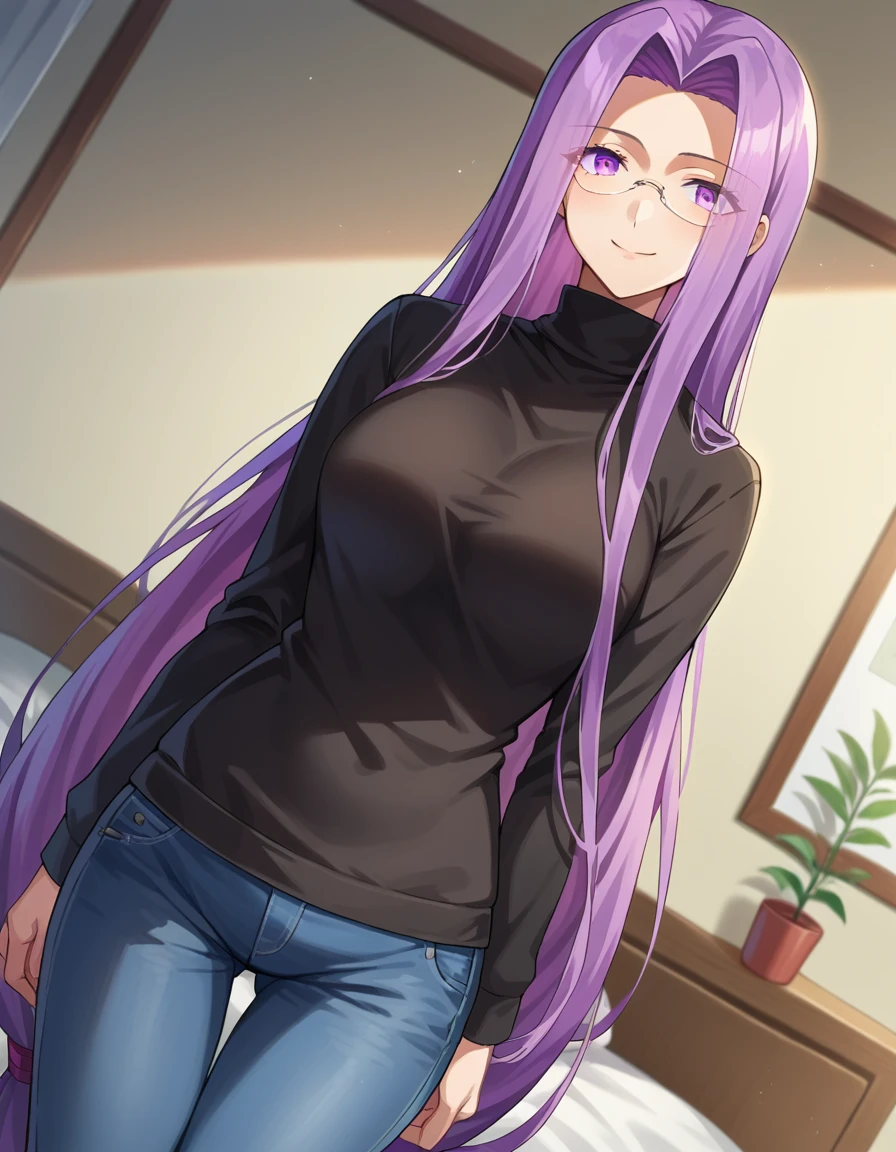 score_9, score_8_up, score_7_up, source_anime,
medusarider, <lora:medusa-rider-ponyxl-lora-nochekaiser:1>,
medusa rider, long hair, very long hair, purple hair, smile,
long sleeves, purple eyes, glasses, pants, sweater, turtleneck, denim, low-tied long hair, jeans, black sweater,
indoors, bed, bed room,
looking at viewer, cowboy shot, dutch angle,