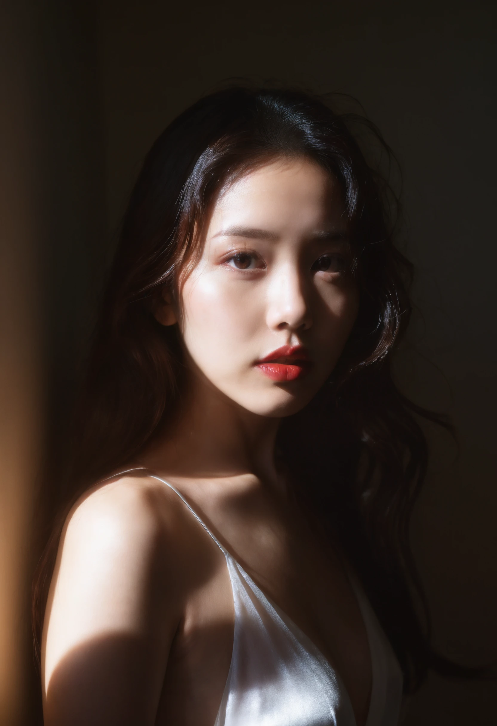 <lora:LoRA-sunlight-sdxl:0.5>yeonhwa,cold color tones,cinematic light and shadow effects,film grain,realistic,solo,looking at viewer, sunbeam,indoors,dark,wall, lipstick,long hair,silk gloss,