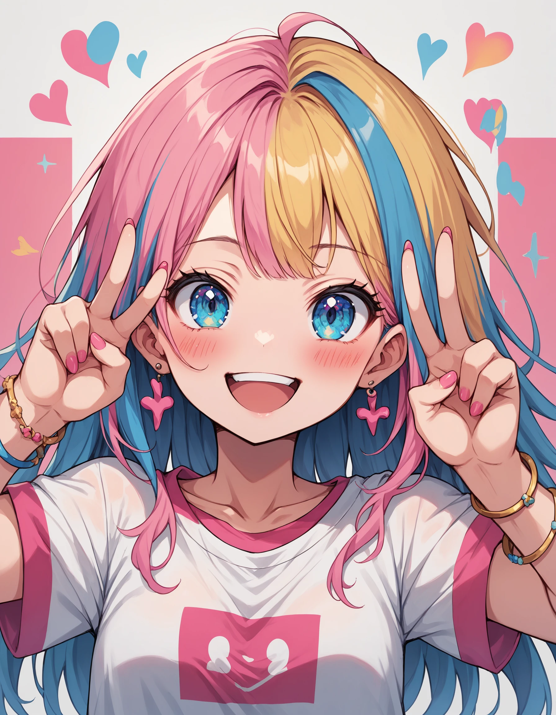 neondskdrmsxl, score_9_up, score_8_up, score_7_up, score_6_up, 1girl, solo, multicolored hair, jewelry, blue eyes, shirt, earrings, looking at viewer, blue hair, smile, pink hair, long hair, colorful, upper body, open mouth, blonde hair, bangs, v, short sleeves, bracelet, arms up, double v, multicolored clothes, pink nails, collarbone, blush <lora:NeonDreamsPonyXL:1>