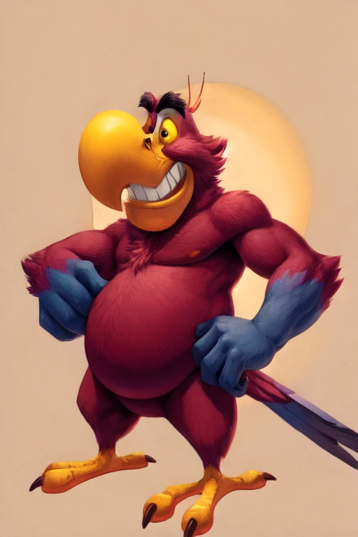 solo, male, iago, scarlet macaw, avian, yellow sclera, black eyes, eyebrows, head tuft, red feathers, tail feathers, full-length portrait, masterpiece, extreme detail, standing, talons, avian feet, leaning, feather hands, slightly chubby, null, chest tuft, elbow tuft, grin, teeth