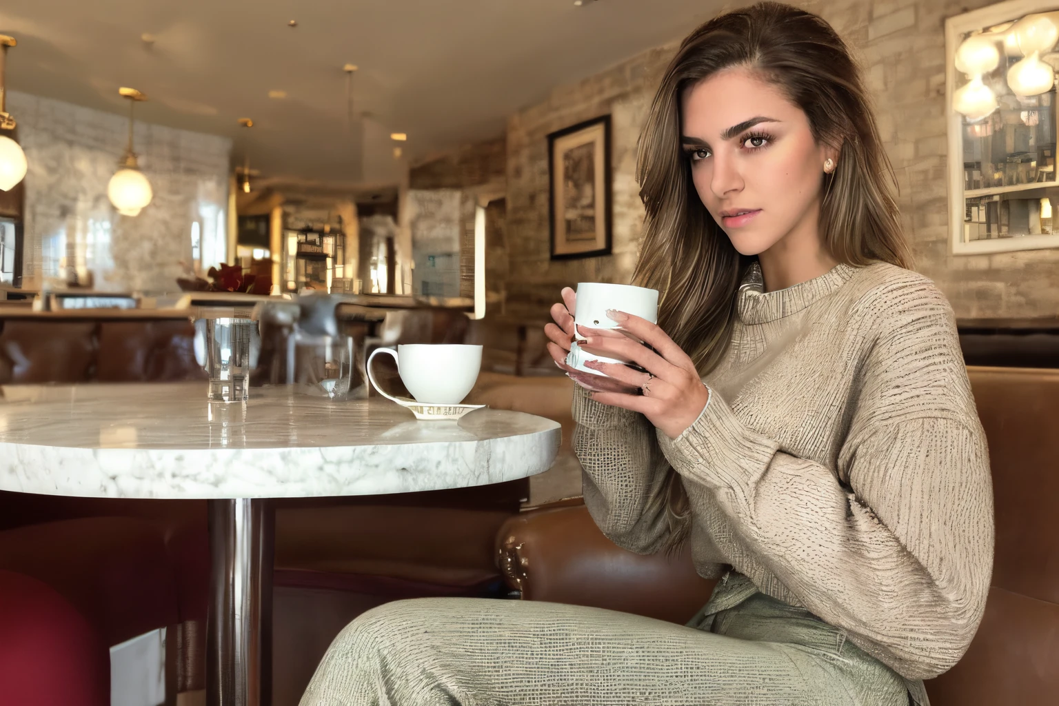 beautiful eyes, beautiful girl, high detail skin, high detail eyes, high detail hair, highres, ultra detailed, sharpen picture, Highly detailed, masterpiece, best quality, photorealistic,
<lora:Anllela SagraLora:1>realistic, 1girl, long hair, brown hair, toned, red sweater:1.2, pants, sitting in a cafe holding a cup of tea