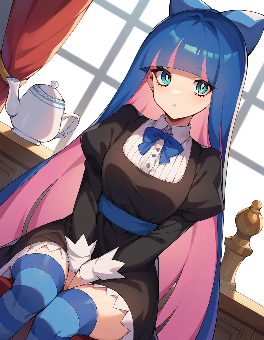 score_9, score_8_up, score_7_up, source_anime,
psgstocking, <lora:stocking-anarchy-ponyxl-lora-nochekaiser:1>,
psg stocking, blue eyes, blue hair, colored inner hair, hair bow, long hair, multicolored hair, pink hair, two-tone hair, bangs, blunt bangs,
striped, striped thighhighs, thighhighs, dress, black dress, puffy sleeves, long sleeves, skirt, shirt, collared shirt, white shirt,
indoors, table, sitting, chair, teacup, teapot, strawberry shortcake,
looking at viewer, cowboy shot, dutch angle,