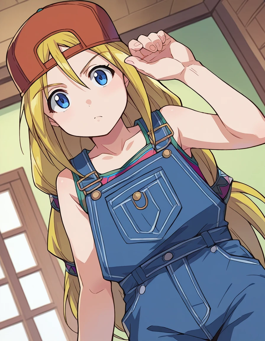 score_9, score_8_up, score_7_up, source_anime,
sarahmcdougal, <lora:sarah-mcdougal-ponyxl-lora-nochekaiser:1>,
sarah mcdougal, long hair, blue eyes, blonde hair,
hat, baseball cap, overalls,
indoors,
looking at viewer, dutch angle, cowboy shot,
