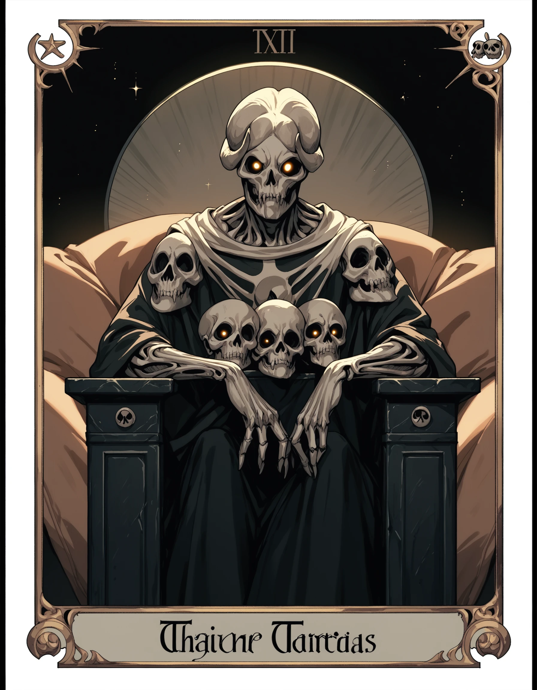 score_9, score_8_up, score_7_up, score_6_up, score_5_up, score_4_up, TarotCard Style, Skull sitting in a microwave, glowing, retro art style, card border, roman numerals, Tarot Card, <lora:Tarot-CardPonyXL:0.8>