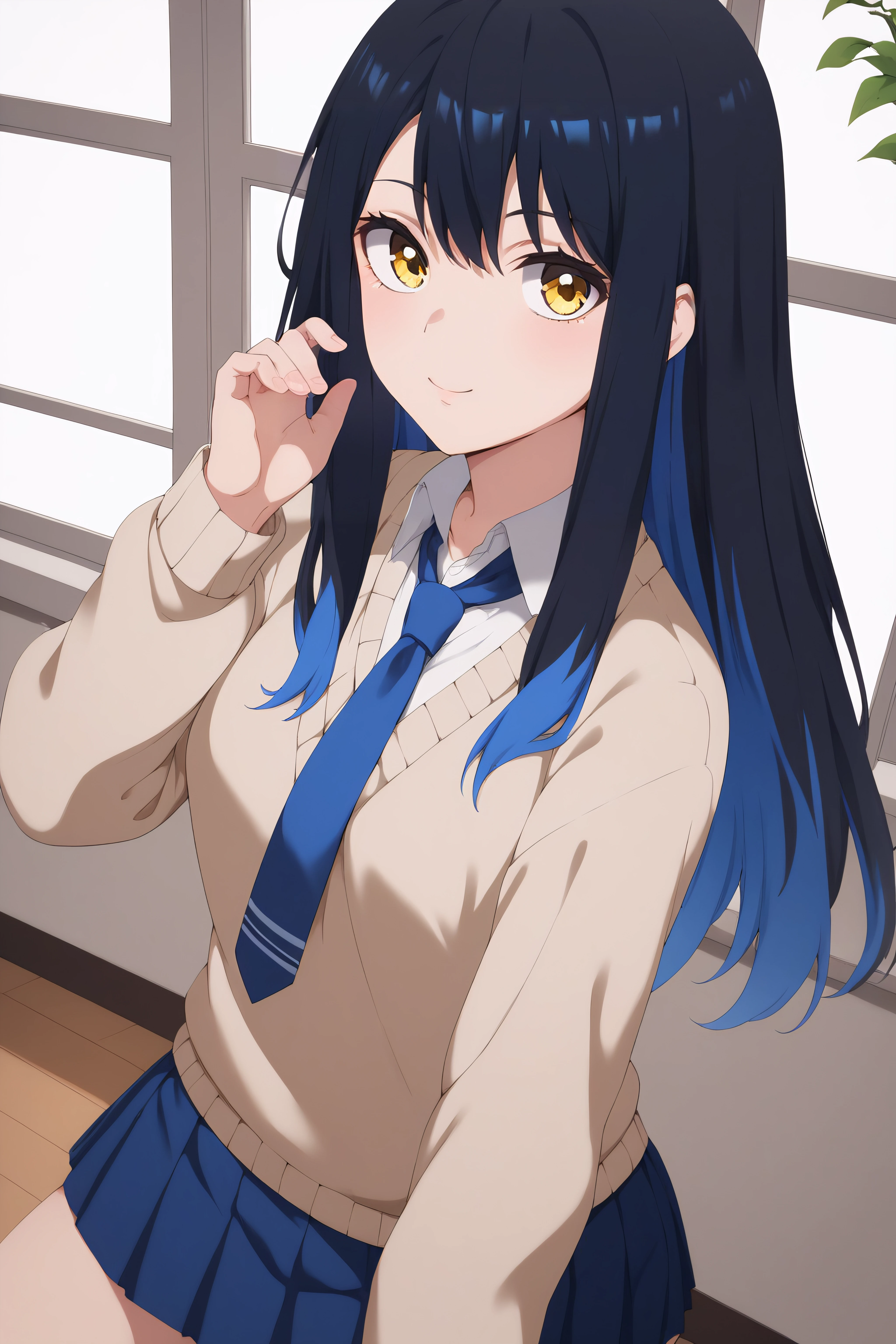 score_9, score_8_up, score_7_up, score_6_up, score_5_up, score_4_up, BREAK source_anime, <lora:miko yotsuya-PonyXL:0.8> miko yotsuya, yellow eyes, black hair, blue hair, multicolored hair, long hair, blue pleated skirt, beige sweater, blue necktie,