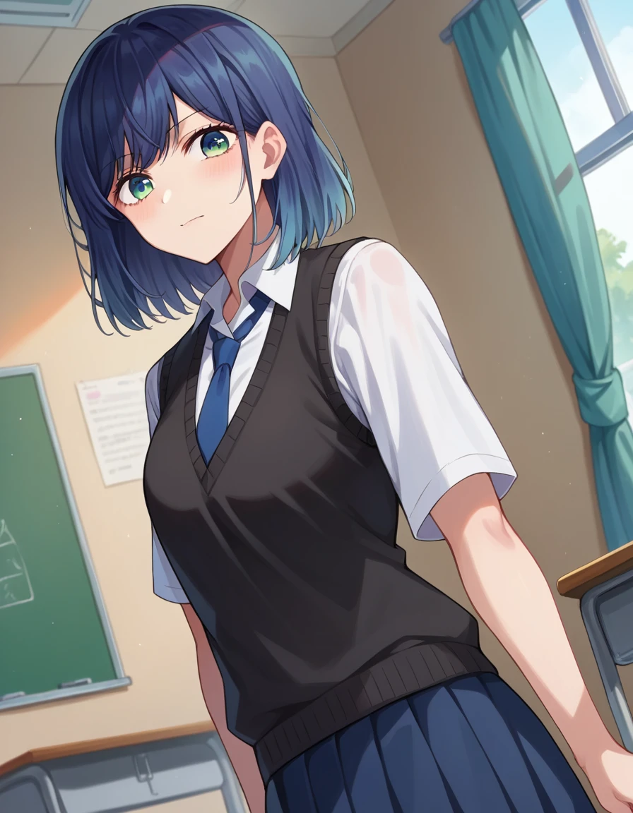 score_9, score_8_up, score_7_up, source_anime,
akanekurokawa, <lora:akane-kurokawa-ponyxl-lora-nochekaiser:1>,
akane kurokawa, bangs, green eyes, blue hair, medium hair, dark blue hair,
shirt, school uniform, white shirt, necktie, collared shirt, vest, blue necktie, skirt, blue skirt,
indoors, classroom,
looking at viewer, cowboy shot, dutch angle,