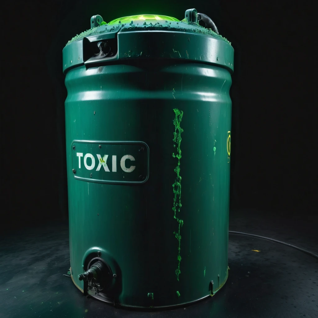 photo focus on military cylindrical   toxic waste container spilling luminous glowing oil fluid,  with hydraulic metal lock, from above, science fiction, glowing cyberpunk, translucent, <lora:IteMaker-v1e3:1>, black background, green theme  , film, professional, 4k, highly detailed, grit, (rust:0.65), cracks, cracked surface, subtle messy, dust, weary, edges rusty dusty, surface scratches, peeled sun bleeched paint, smudges, crumbles, rugged, used