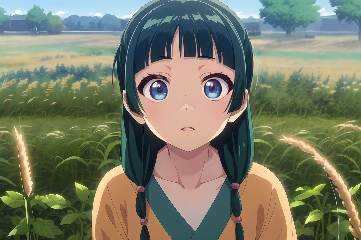 Maomao, **yo, anime girl with green hair and green eyes looking at camera, 1girl, solo, long hair, green hair, collarbone, lips, freckles, Wheat field, blue sky.   <lora:The_Apothecary_Diaries_-_Maomao_Xiao_Mao:0.8>